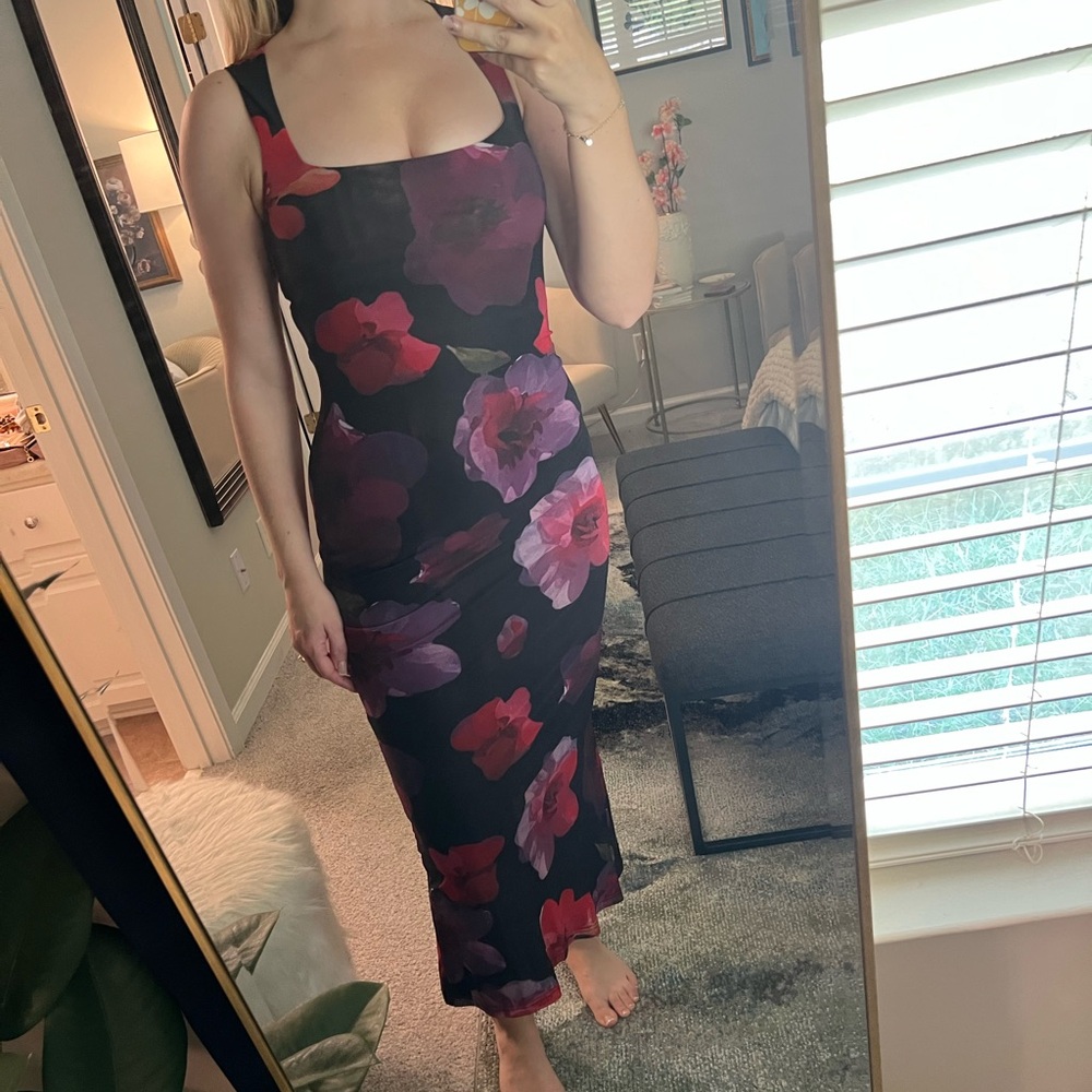 Princess Polly Black and Red Floral Midi Dress